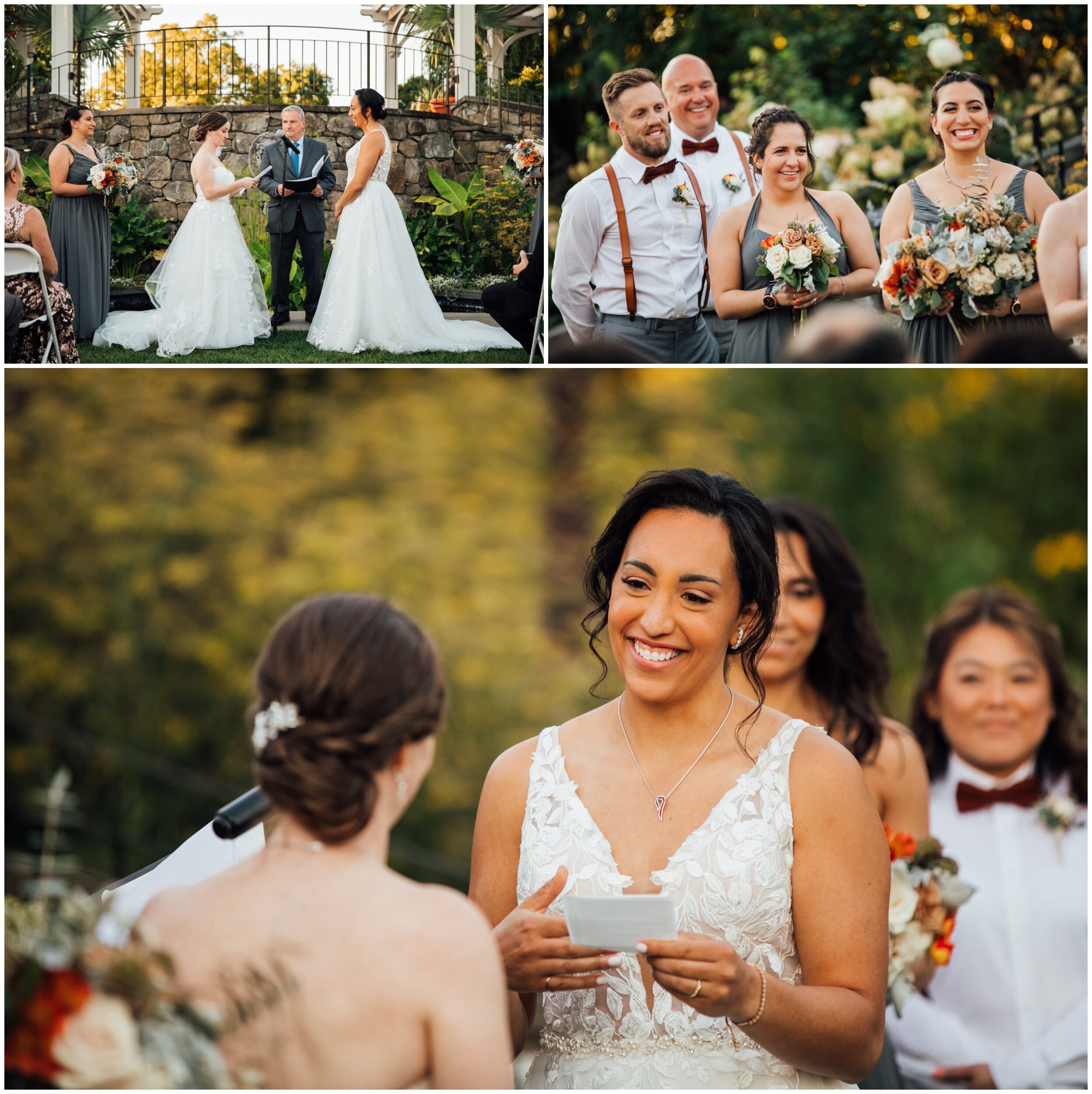 Two brides exchanging vows during outdoor ceremony at New England Botanic Garden at Tower Hill in Massachusetts